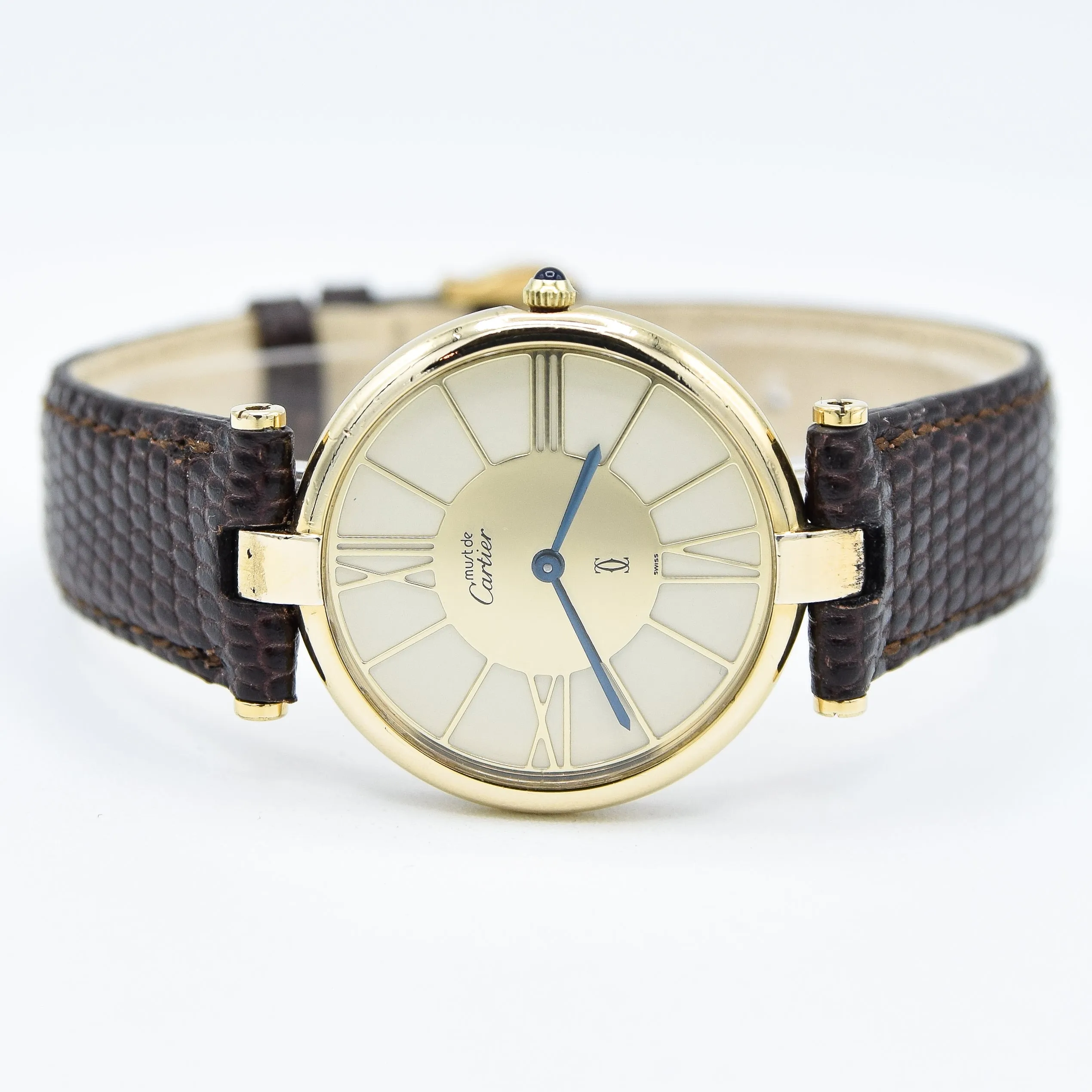 1990s Cartier 'Must de' Ronde Vendôme with Spider Web Dial in 925 Silver Gilt Vermeil Case with Cartier Buckle