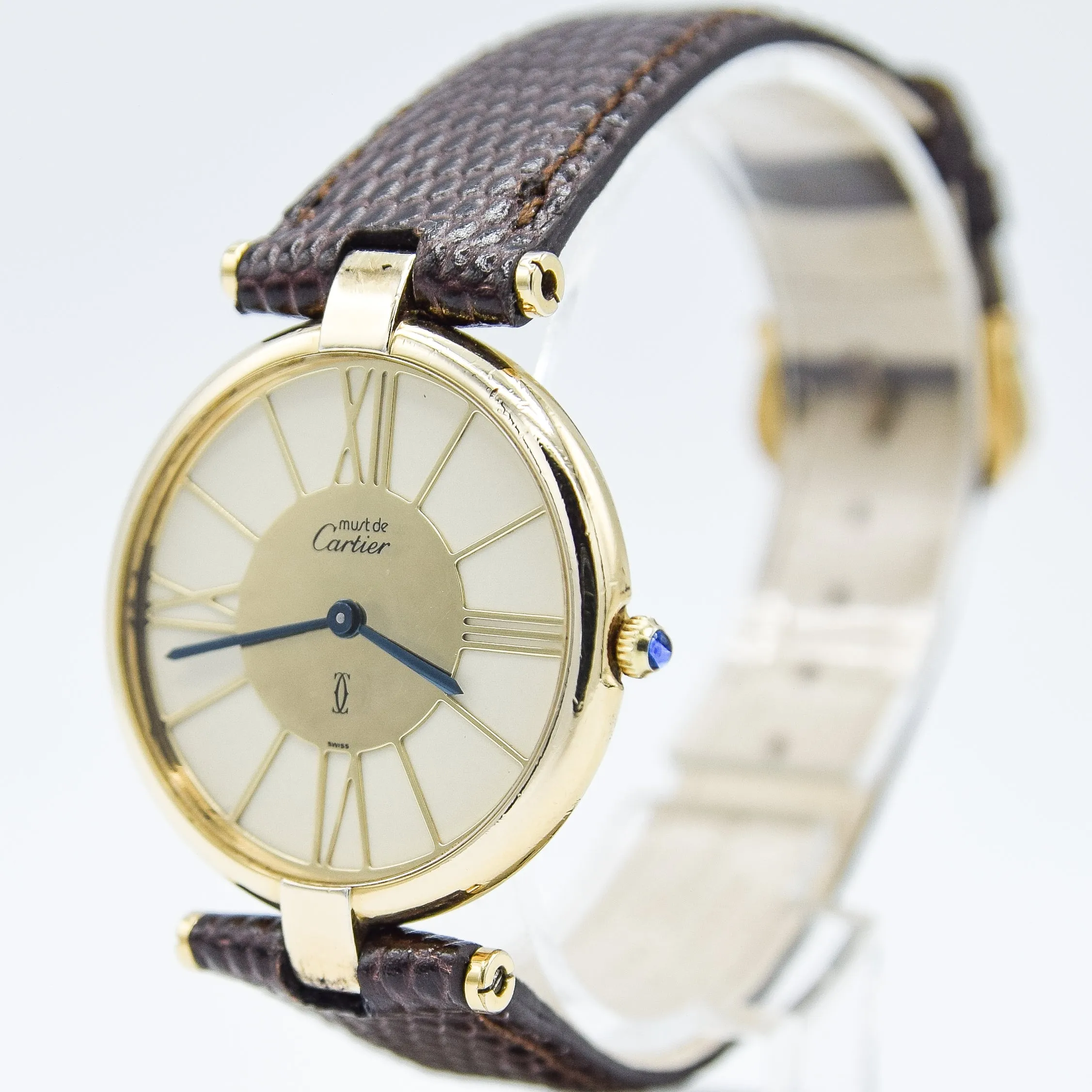 1990s Cartier 'Must de' Ronde Vendôme with Spider Web Dial in 925 Silver Gilt Vermeil Case with Cartier Buckle