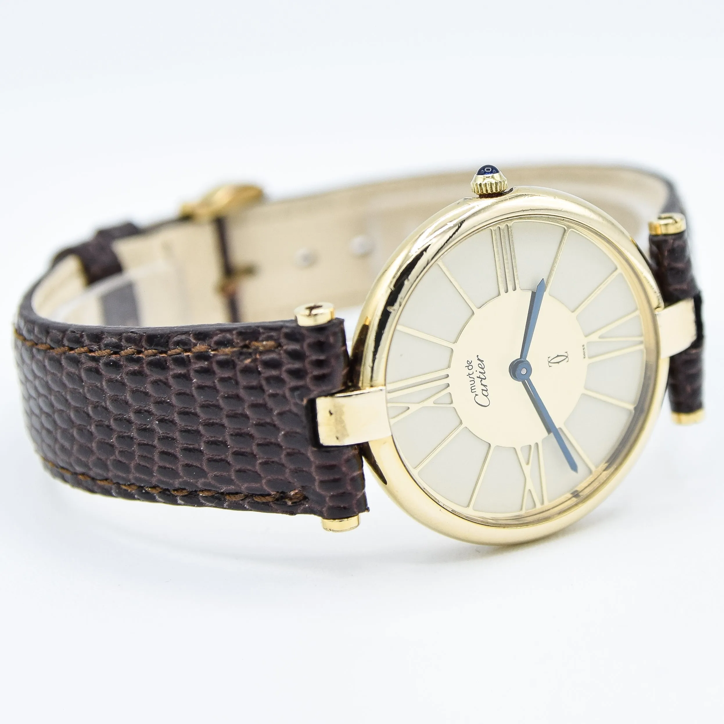 1990s Cartier 'Must de' Ronde Vendôme with Spider Web Dial in 925 Silver Gilt Vermeil Case with Cartier Buckle