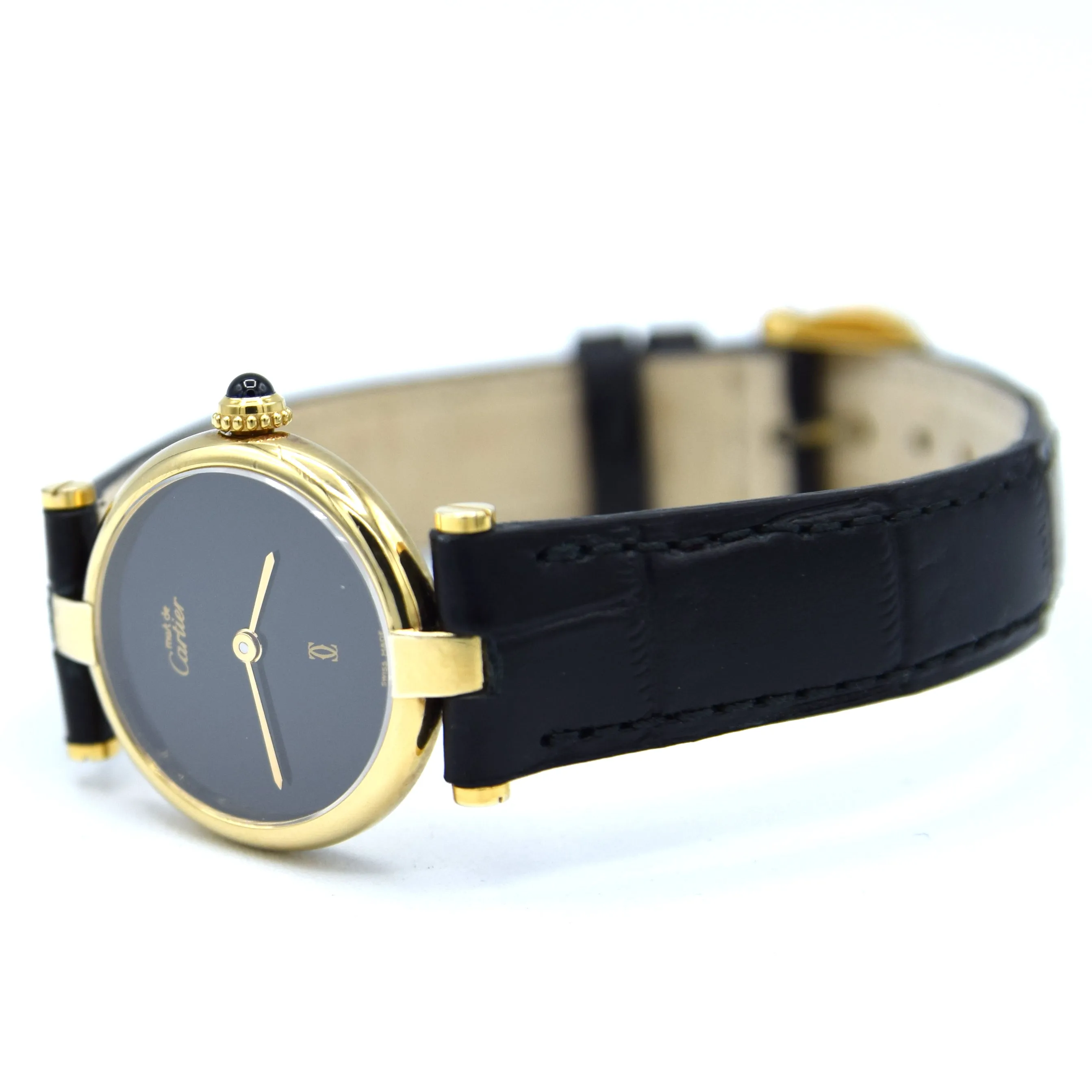 1990s Ladies Cartier 'Must de' Ronde with Black Dial and Vendôme Lugs in 925 Sterling Silver Gilt Vermeil Case