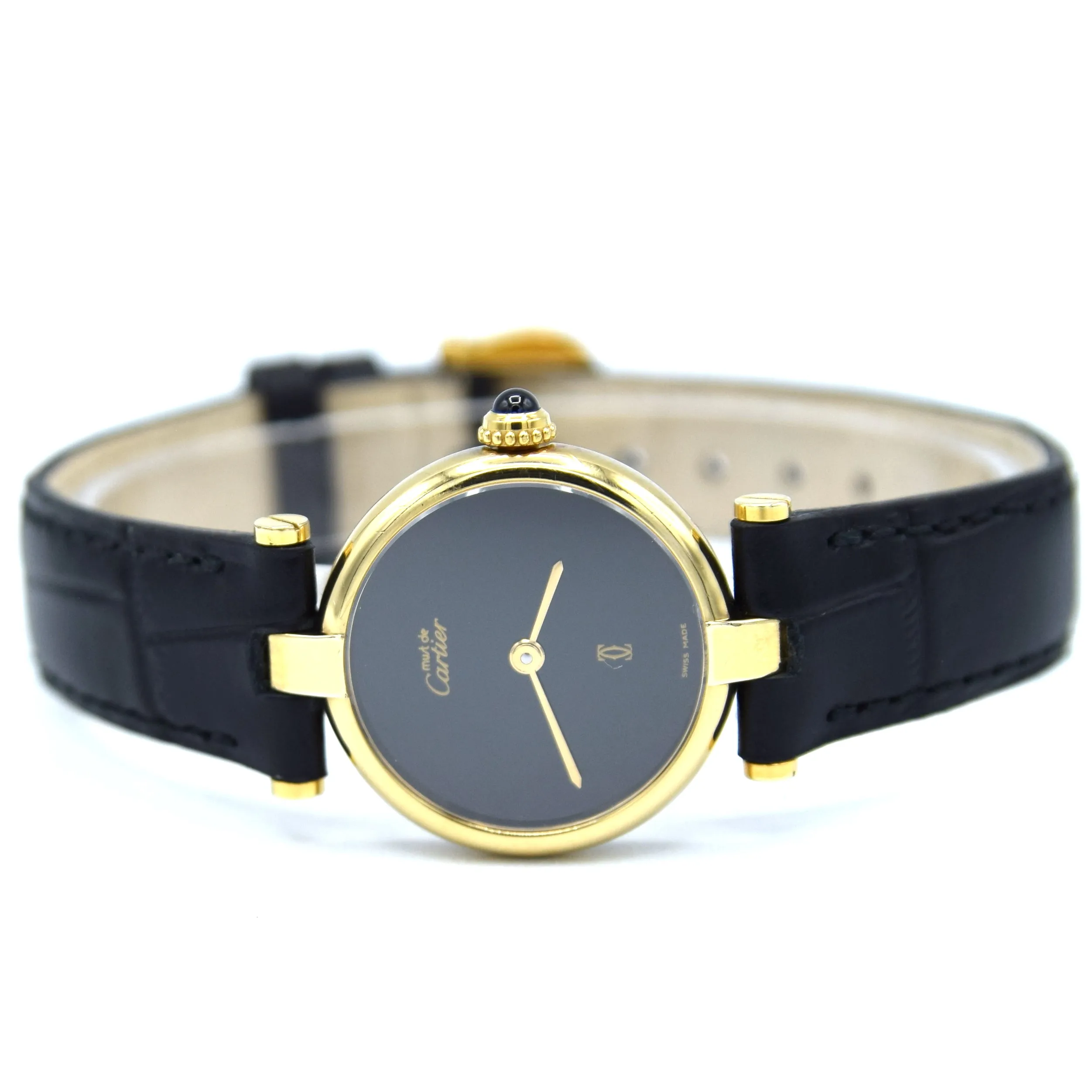 1990s Ladies Cartier 'Must de' Ronde with Black Dial and Vendôme Lugs in 925 Sterling Silver Gilt Vermeil Case