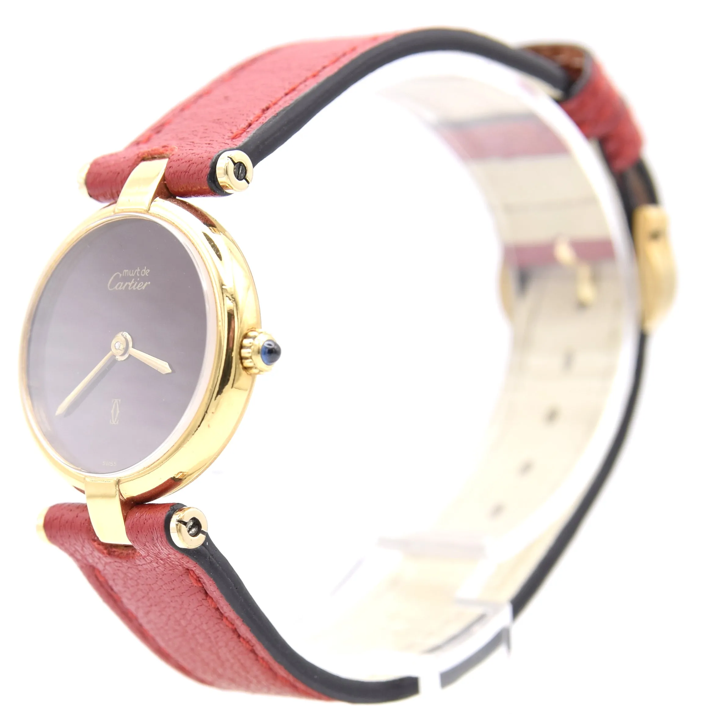 1990s Ladies Cartier 'Must de' Ronde with Burgundy Dial and Vendôme Lugs in 925 Sterling Silver Gilt Vermeil Case