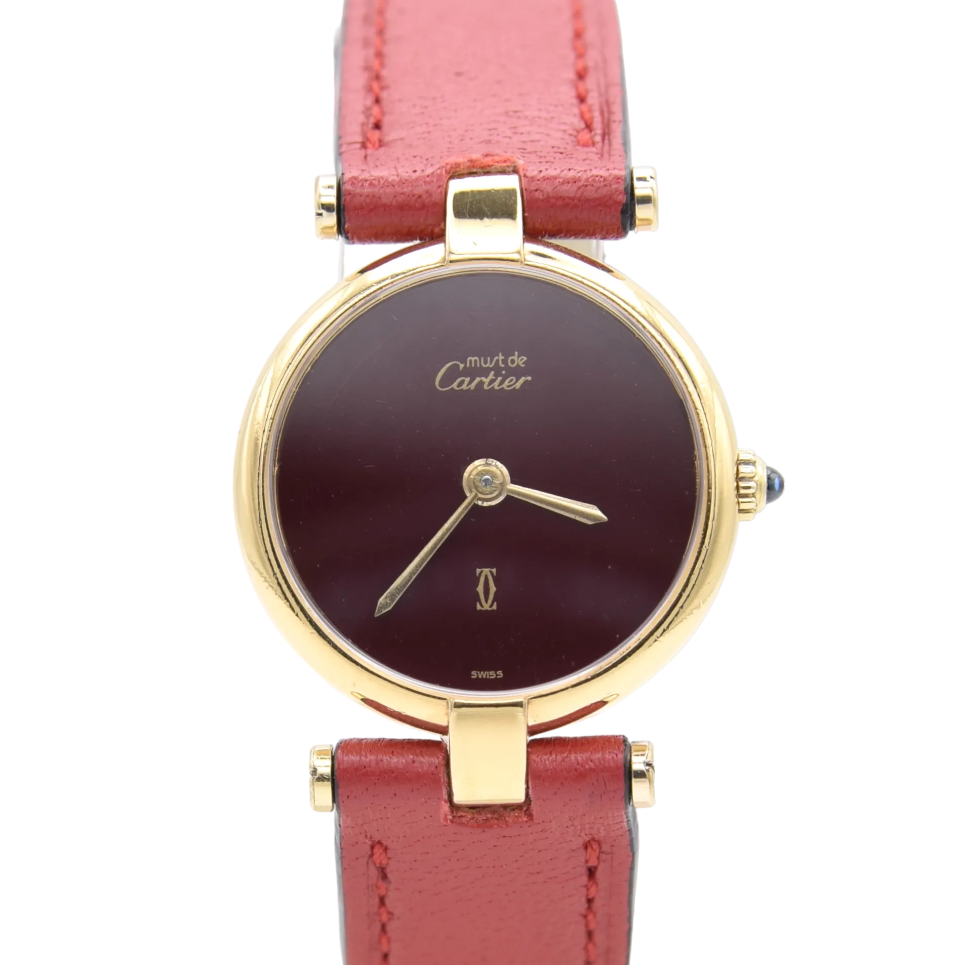 1990s Ladies Cartier 'Must de' Ronde with Burgundy Dial and Vendôme Lugs in 925 Sterling Silver Gilt Vermeil Case