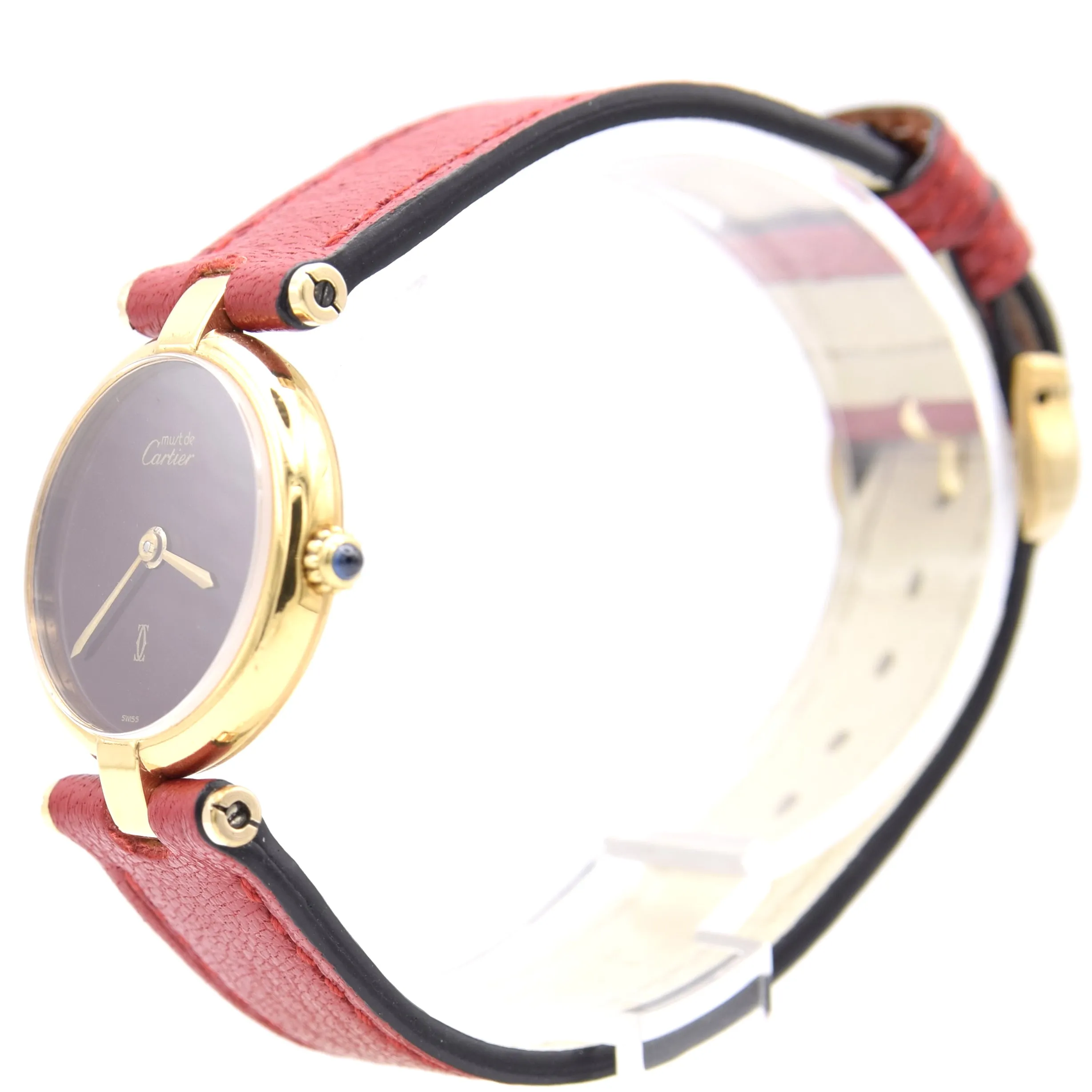 1990s Ladies Cartier 'Must de' Ronde with Burgundy Dial and Vendôme Lugs in 925 Sterling Silver Gilt Vermeil Case
