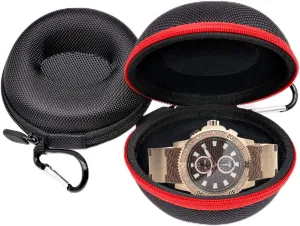 2 PCS Watch Travel Case with Carabiner, Single Watch Box with Zipper for Storage, Round Portable Watch Case for Holding Wristwatches Smart Watches (Black, Red)