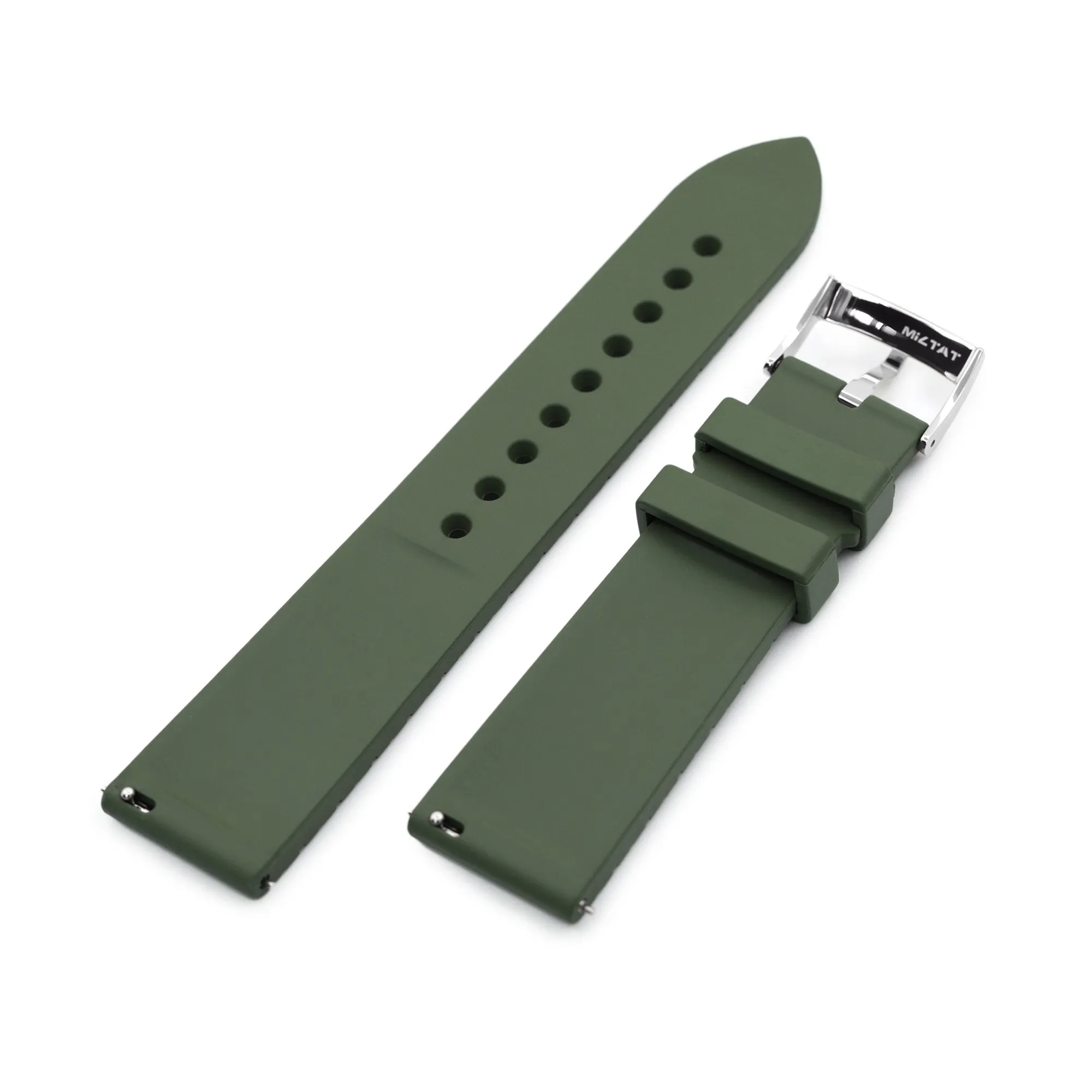 20mm Quick Release Watch Band Military Green Groove Stripe FKM Rubber Strap, Polished