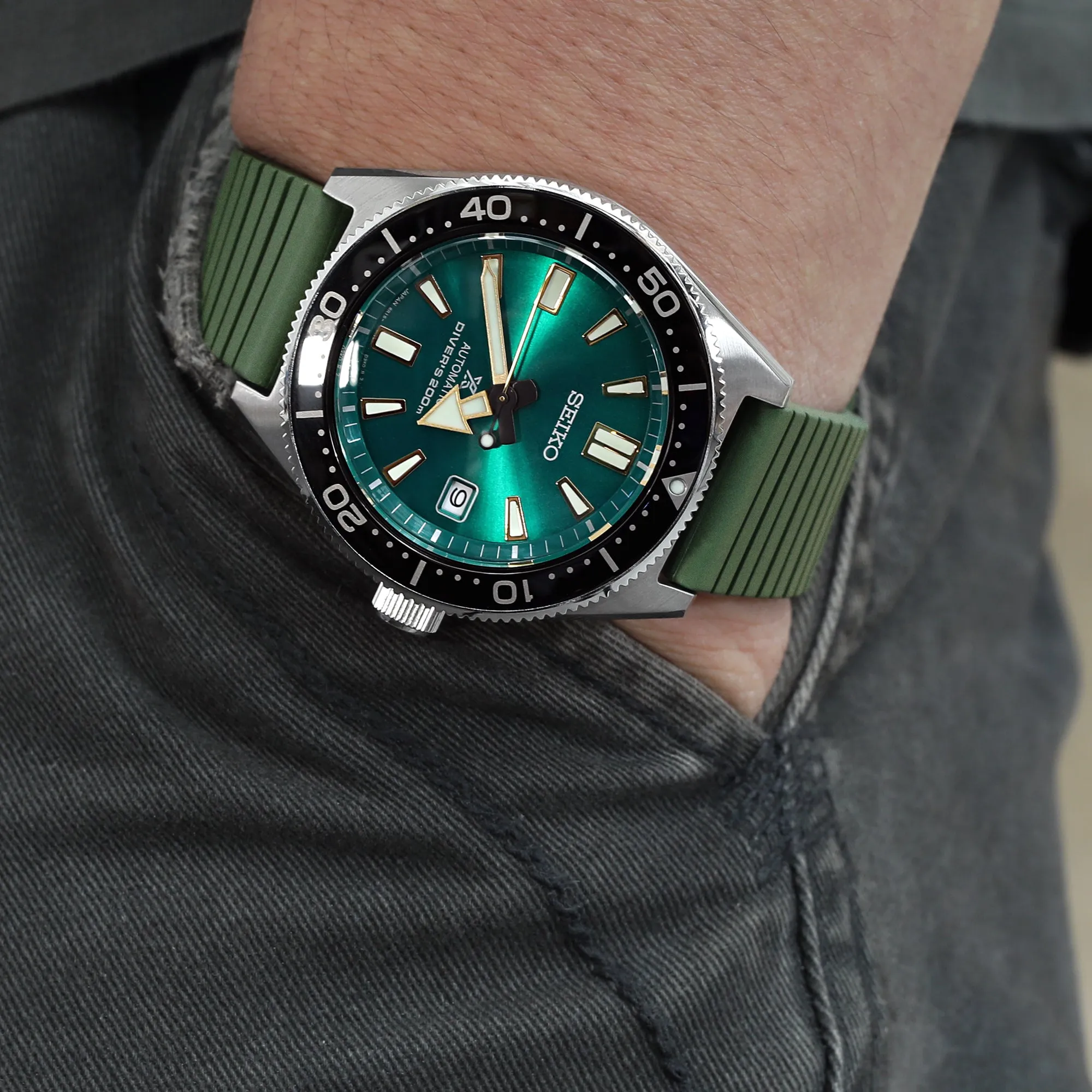 20mm Quick Release Watch Band Military Green Groove Stripe FKM Rubber Strap, Polished