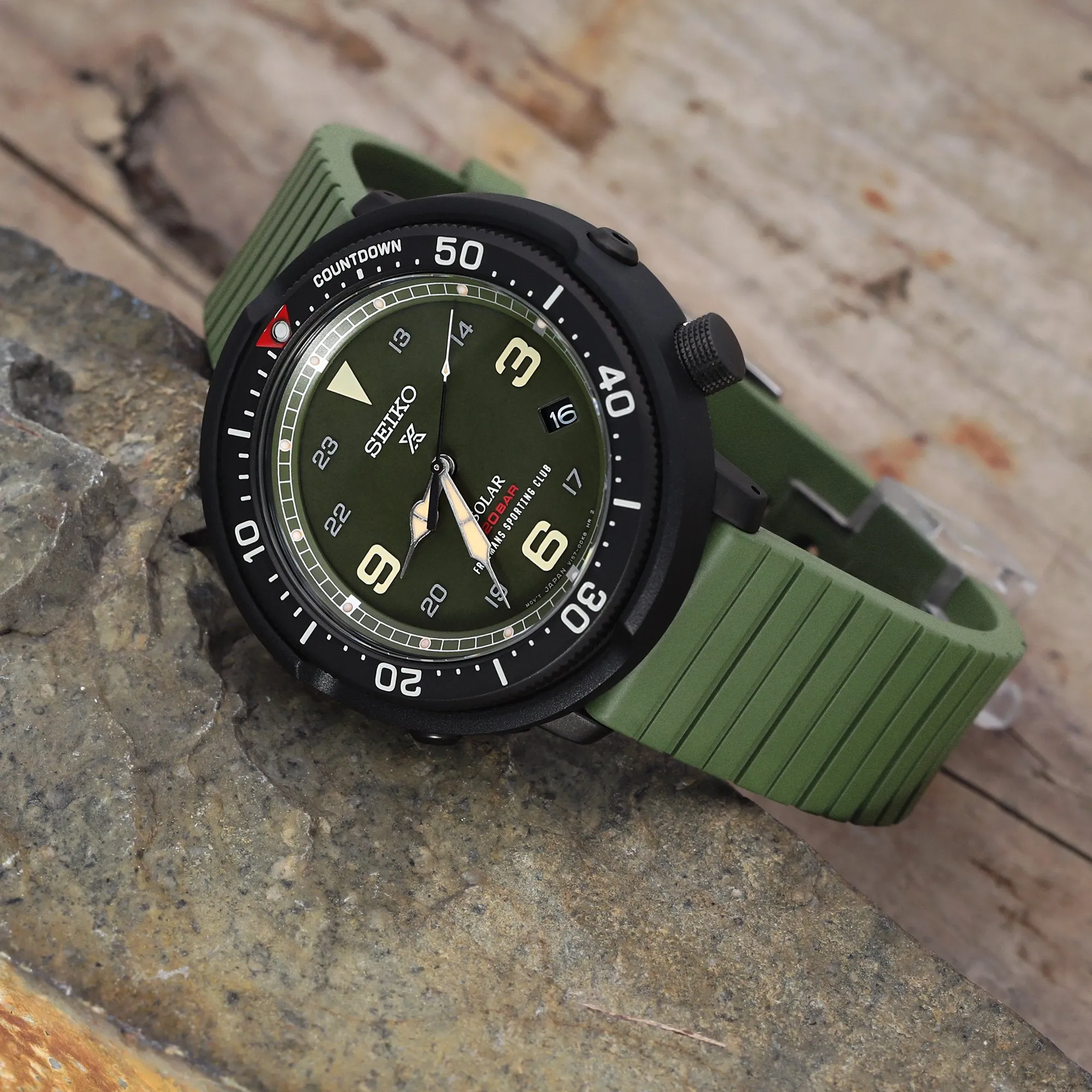 20mm Quick Release Watch Band Military Green Groove Stripe FKM Rubber Strap, Polished