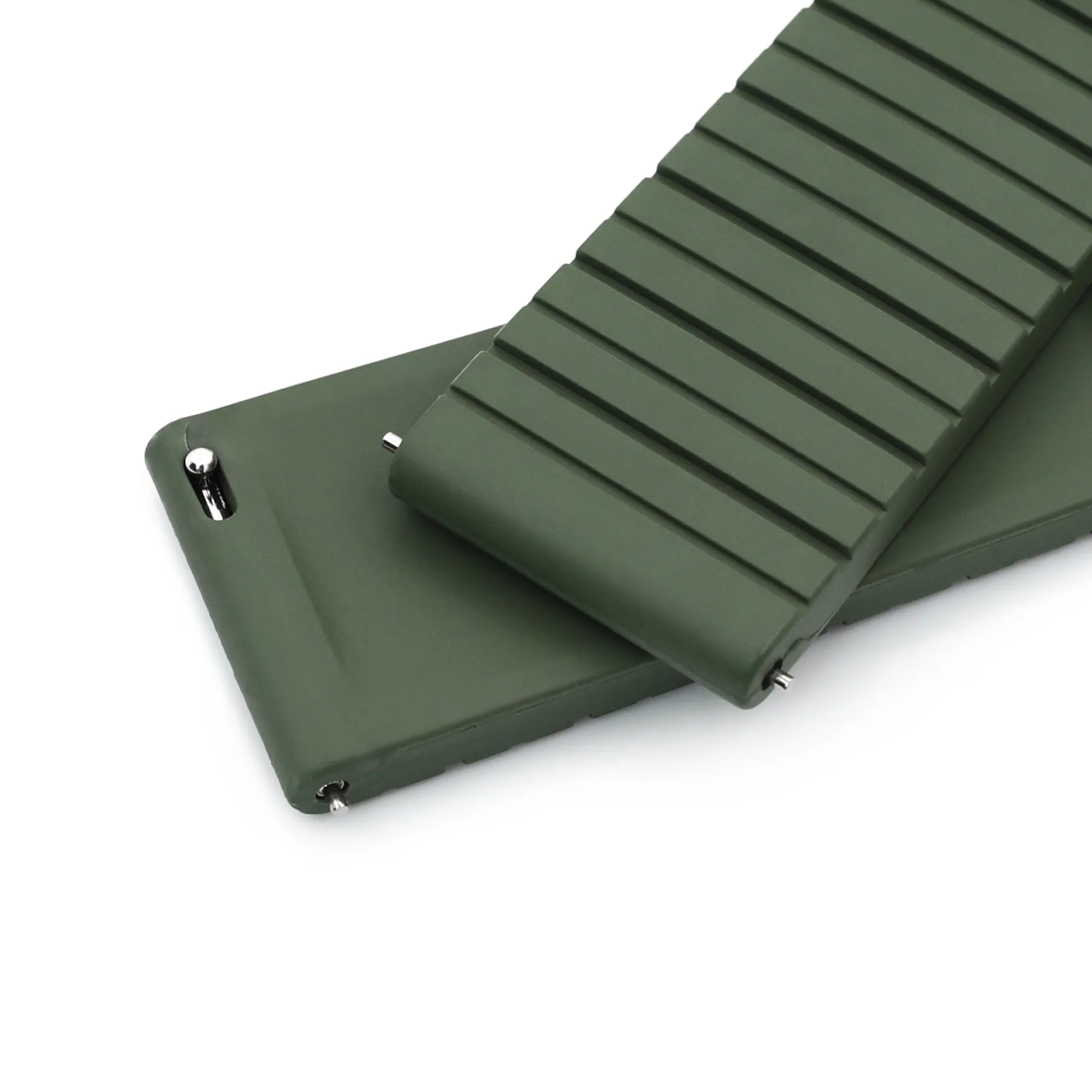 20mm Quick Release Watch Band Military Green Groove Stripe FKM Rubber Strap, Polished