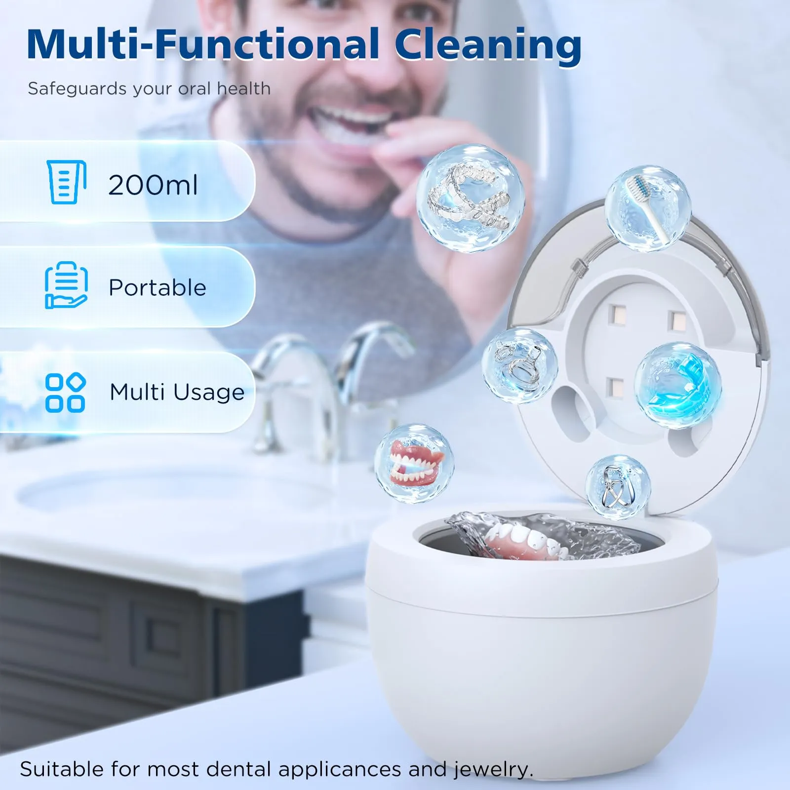 45kHz Ultrasonic Retainer Cleaner Machine, 200ML Denture Cleaner, 4 Modes with Digital Timer Mouth Guard Cleaner for Aligner, Night guard, Braces, Toothbrush, Jewelry and More