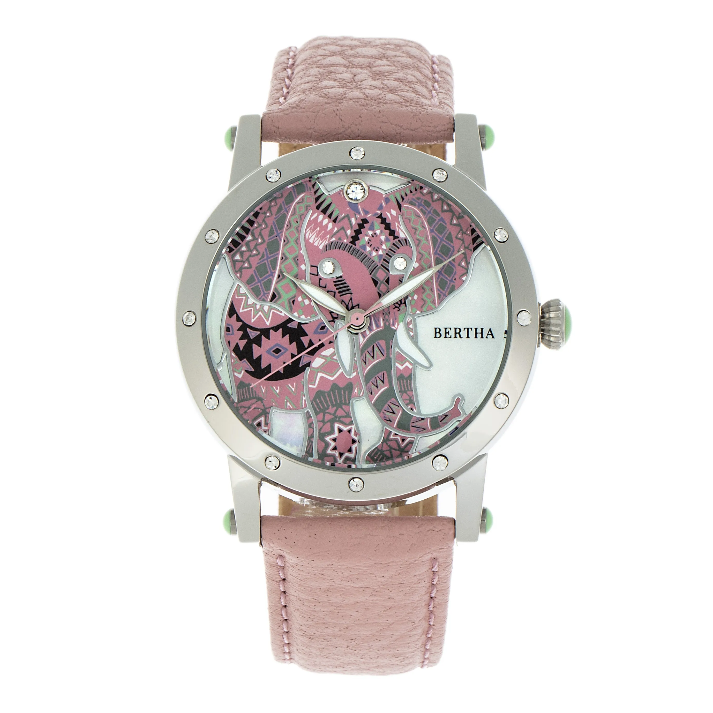 Bertha Betsy MOP Leather-Band Ladies Watch - Silver/Pink