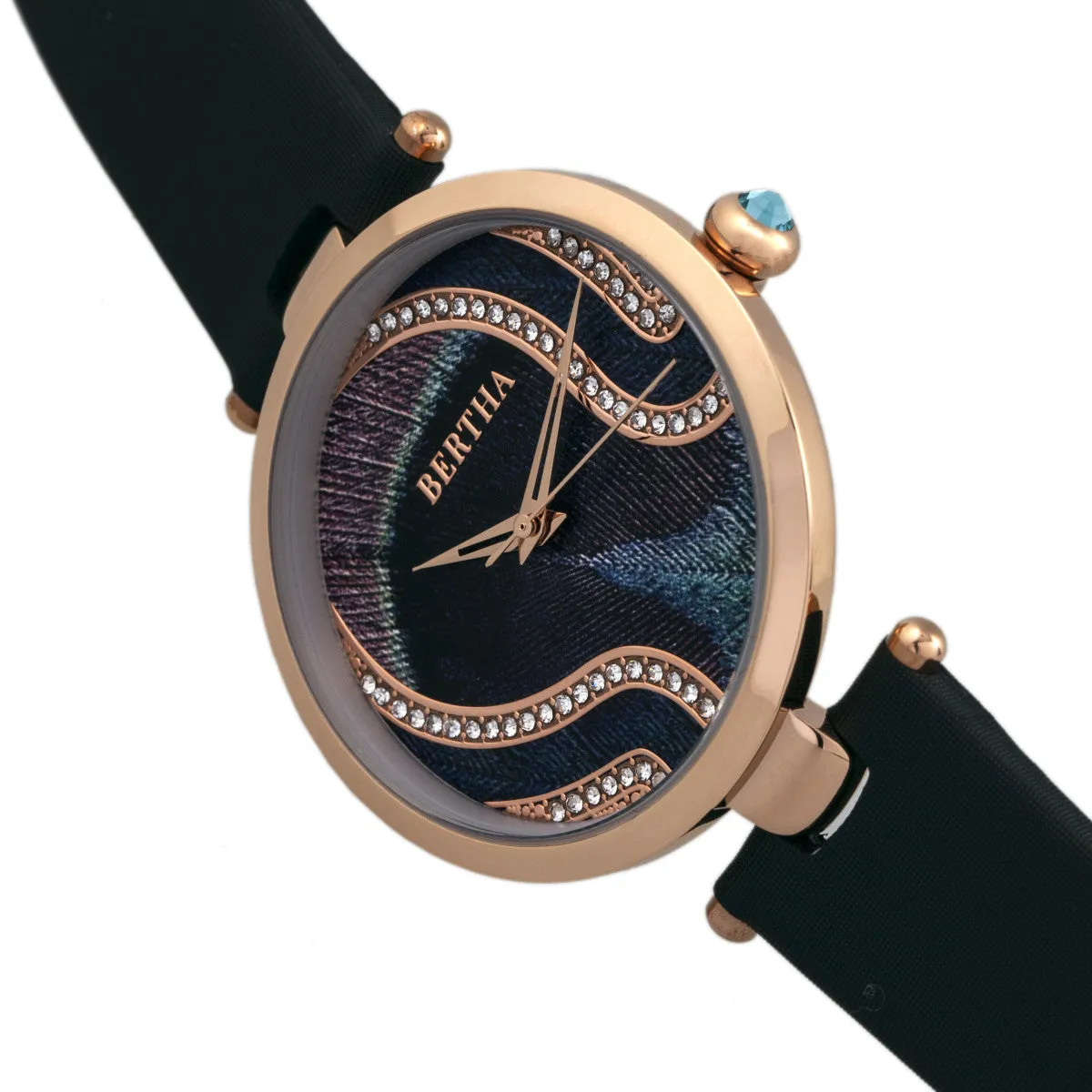 Bertha Trisha Leather-Band Watch w/Swarovski Crystals - Black
