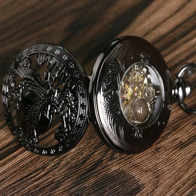 Black Steampunk Mechanical Pocket Watch - Royal Eagle