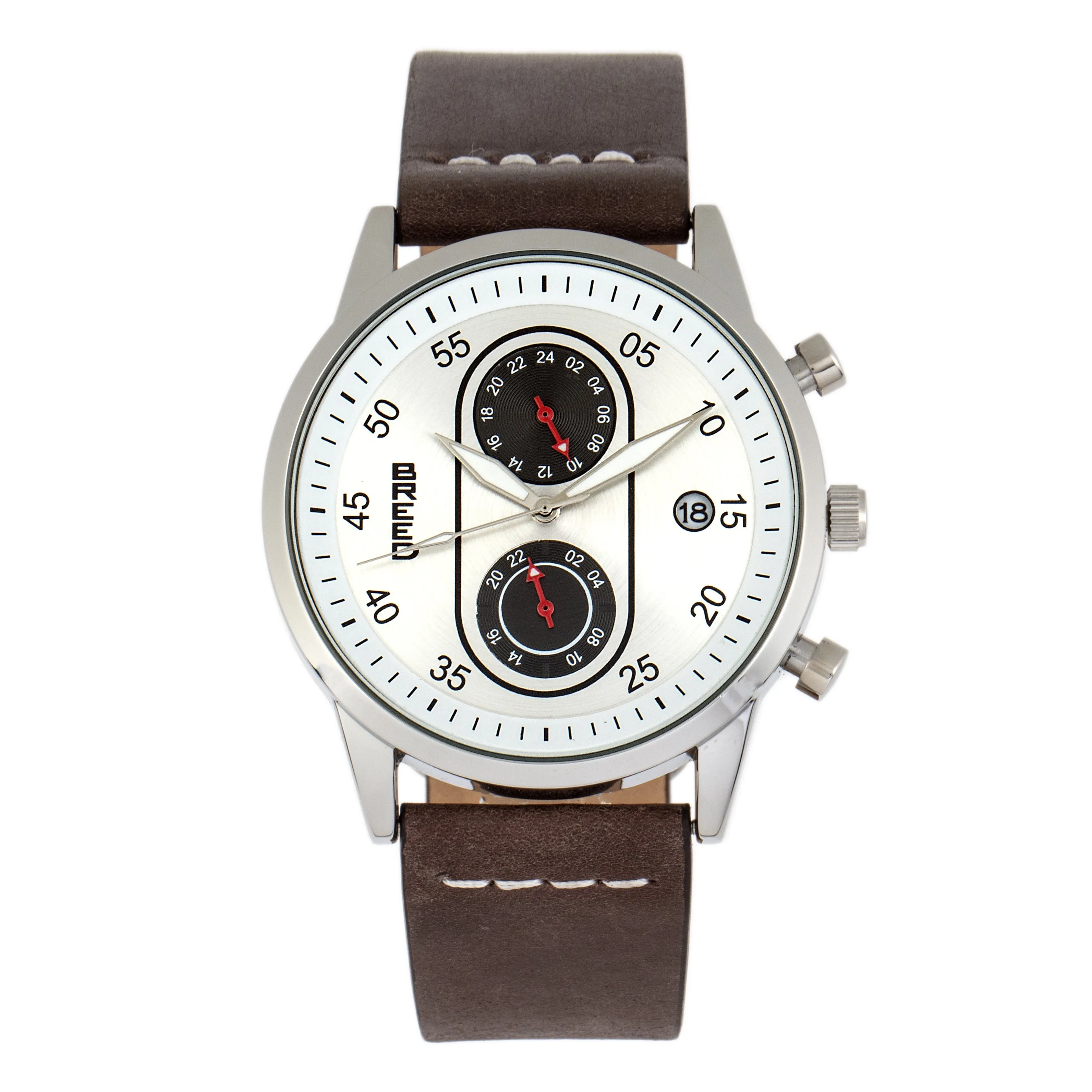 Breed Andreas Leather-Band Watch w/ Date - Silver/Dark Brown