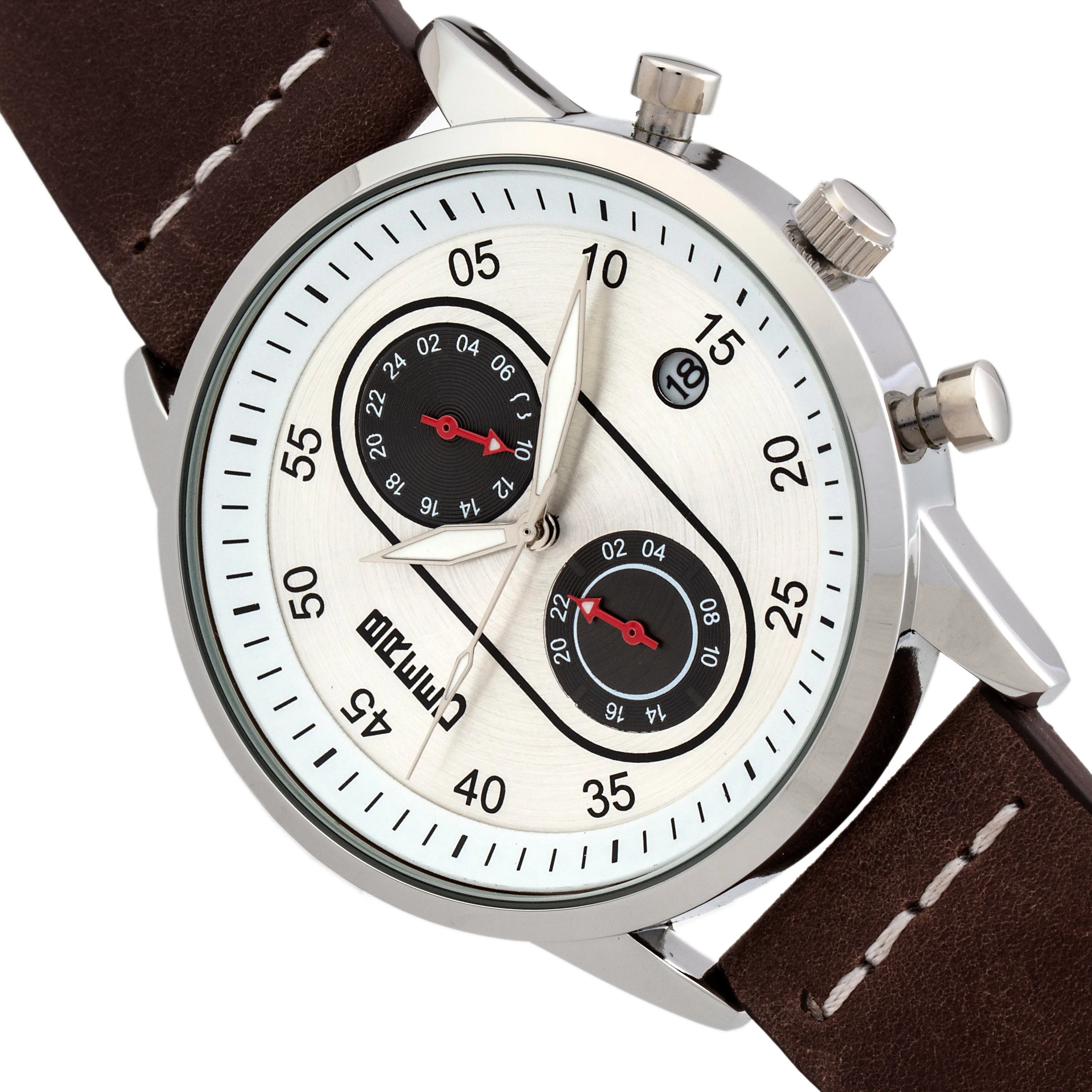 Breed Andreas Leather-Band Watch w/ Date - Silver/Dark Brown