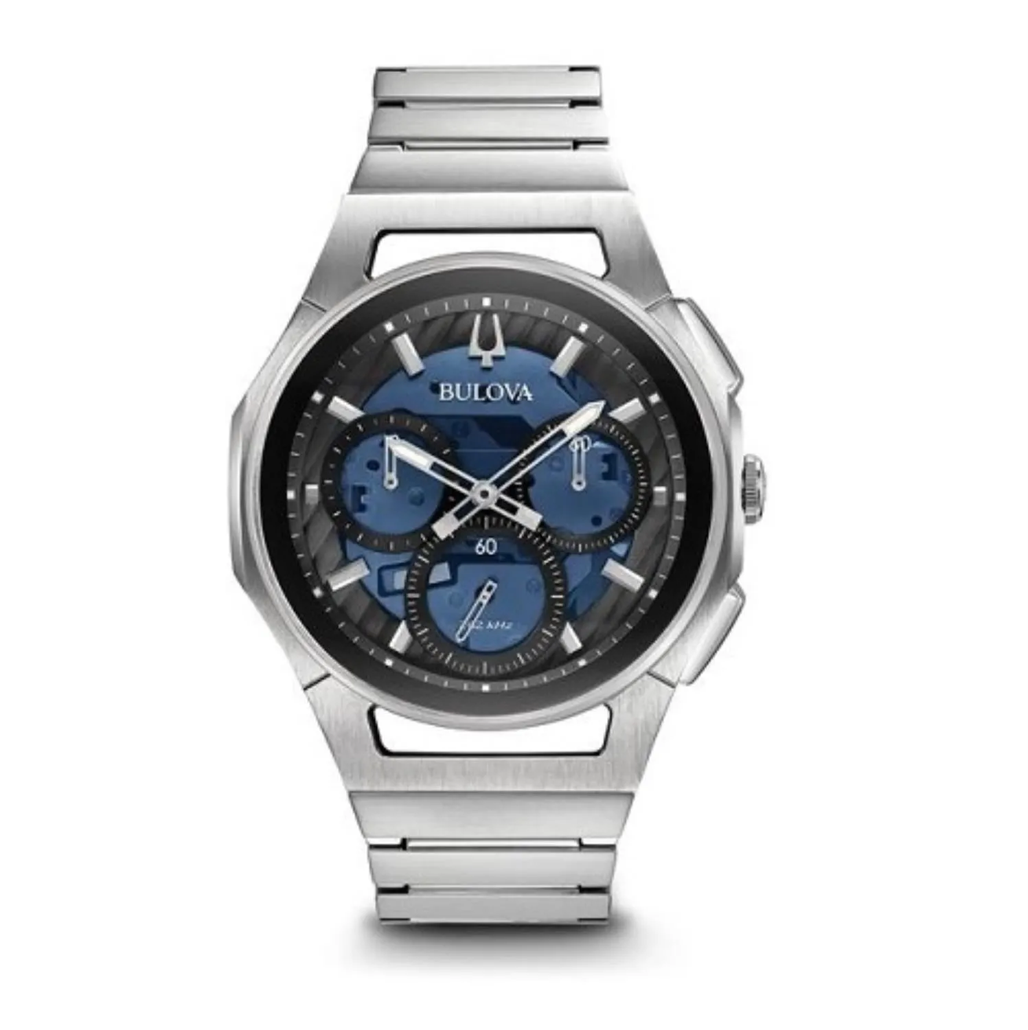 Bulova CURV Watch with 44MM Blue Round Dial and Stainless Steel Bracelet. 96A205