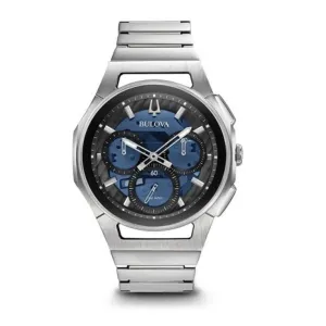 Bulova CURV Watch with 44MM Blue Round Dial and Stainless Steel Bracelet. 96A205