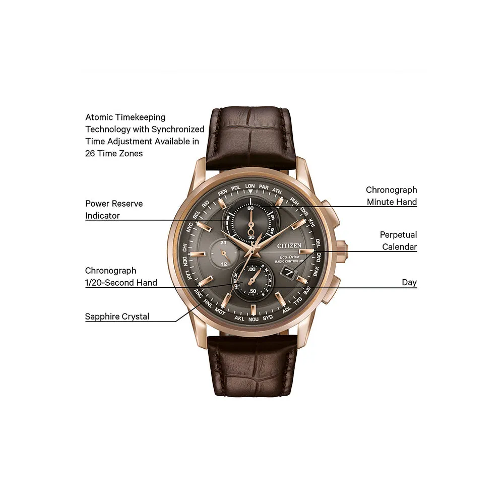 Citizen Eco-Drive Mens World Chronograph Stainless Steel Case Leather Strap Grey Dial Rose Gold Watch - AT8113-04H