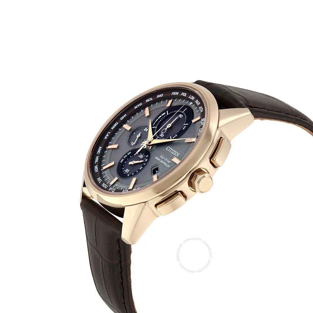Citizen Eco-Drive Mens World Chronograph Stainless Steel Case Leather Strap Grey Dial Rose Gold Watch - AT8113-04H