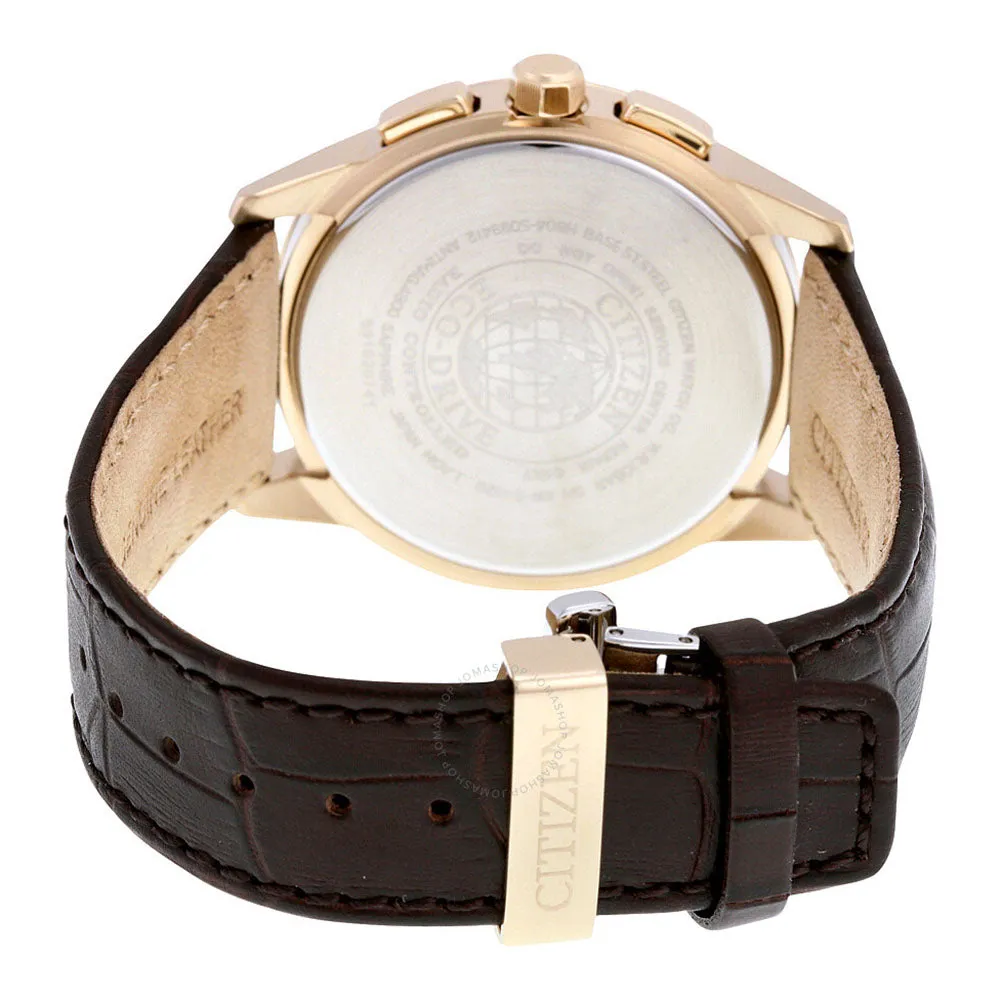 Citizen Eco-Drive Mens World Chronograph Stainless Steel Case Leather Strap Grey Dial Rose Gold Watch - AT8113-04H