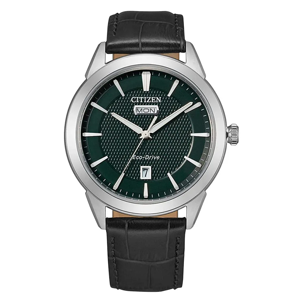 Citizen Mens Eco-Drive Black Dial Leather Strap Watch - AW0090-02X