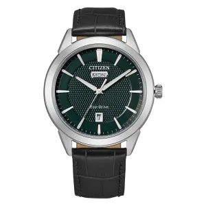 Citizen Mens Eco-Drive Black Dial Leather Strap Watch - AW0090-02X