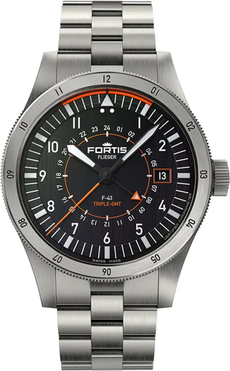 FOR Watch Flieger F-43 Triple GMT On Block Bracelet