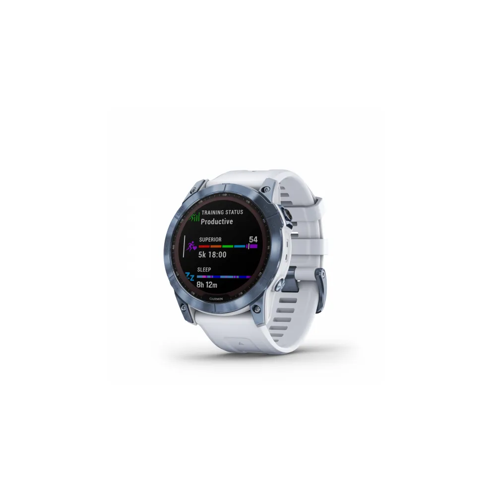 Garmin Fenix 7 Sapphire Solar  touchscreen - Mineral Blue DLC Titanium with Whitestone Band