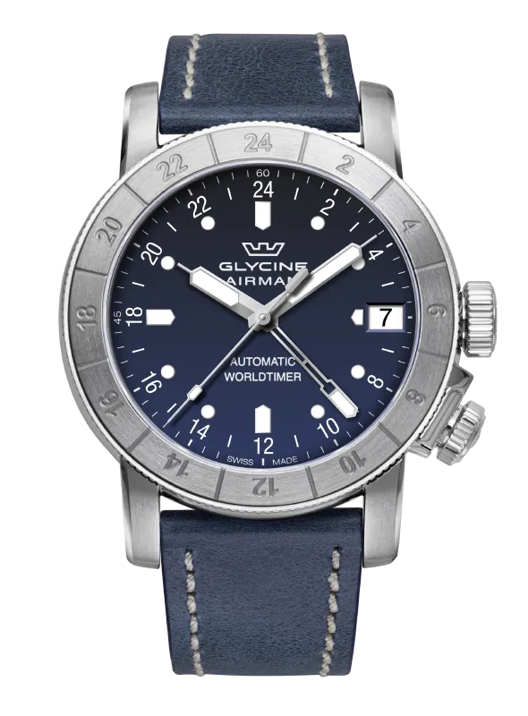 Glycine Airman 46 GMT Blue Leather Band Watch GL0060