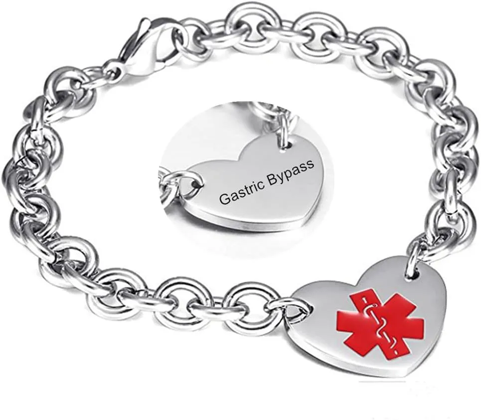 LF 316L Stainless Steel DNR Engraved Medical Alert Heart Charm Link Bracelet Rolo Chain Medic ID Bracelets Monitoring Awareness for Womens for Outdoor Emergency,Do Not Resuscitate