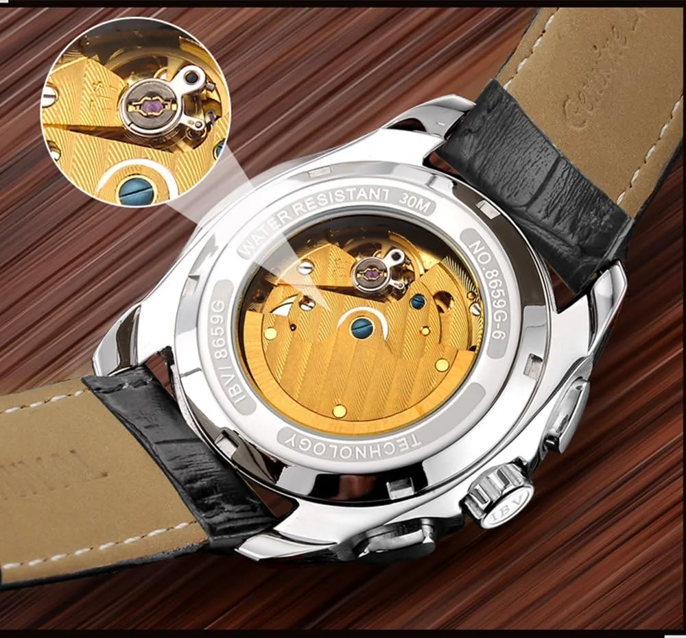 MASTOP Swiss Brands Men's Automatic Self-Wind Watch Stainless Steel with Brown Genuine Leather Band