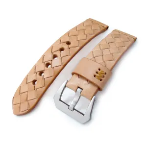 MiLTAT Zizz Collection 22mm Braided Calf Leather Watch Strap, LV Beige, Tan Stitches