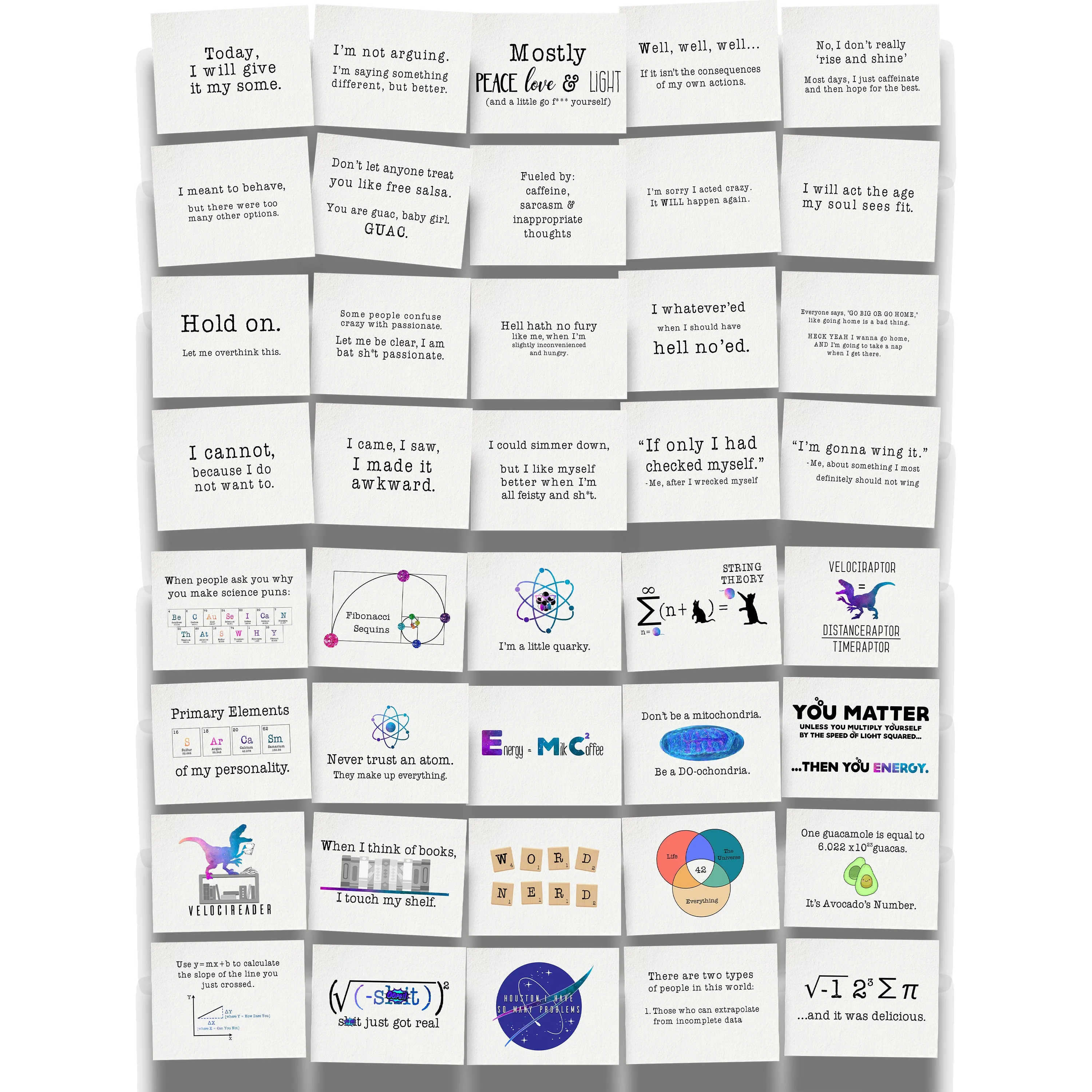 My A-Game is Adequate and Nerdy Life STEAM Edition Bundle Collections of Relatably Sarcastic and Whimsical Science Puns Postcards