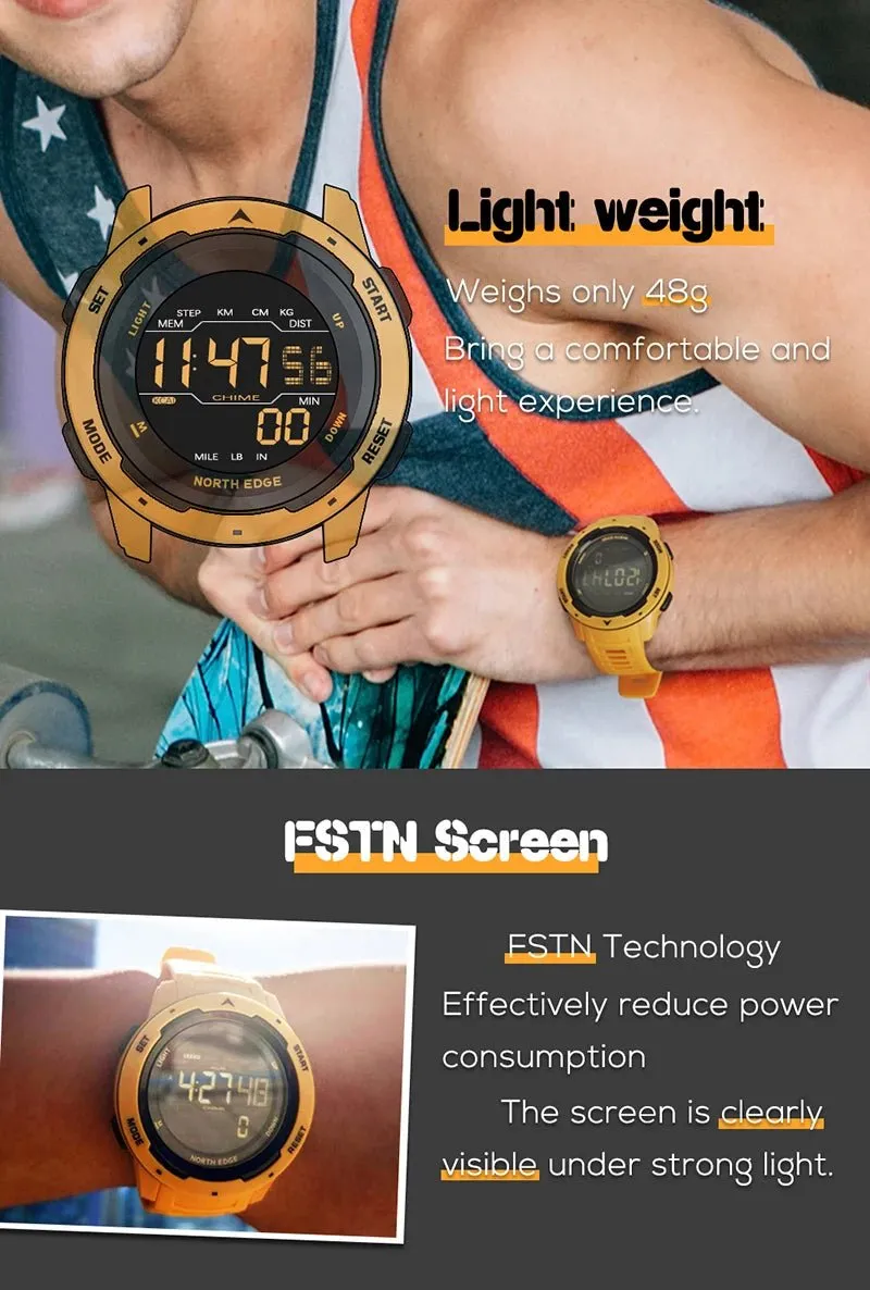 North Edge Mars: Rugged Men's Digital Watch with Pedometer, Waterproof Design & Multi-Functional Features