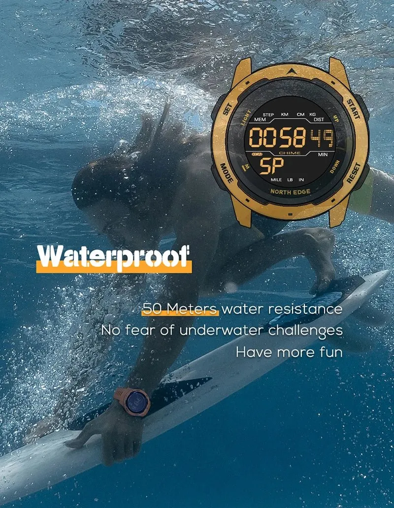 North Edge Mars: Rugged Men's Digital Watch with Pedometer, Waterproof Design & Multi-Functional Features