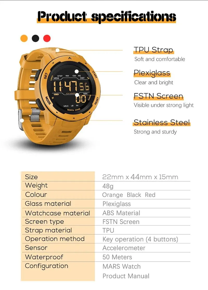North Edge Mars: Rugged Men's Digital Watch with Pedometer, Waterproof Design & Multi-Functional Features
