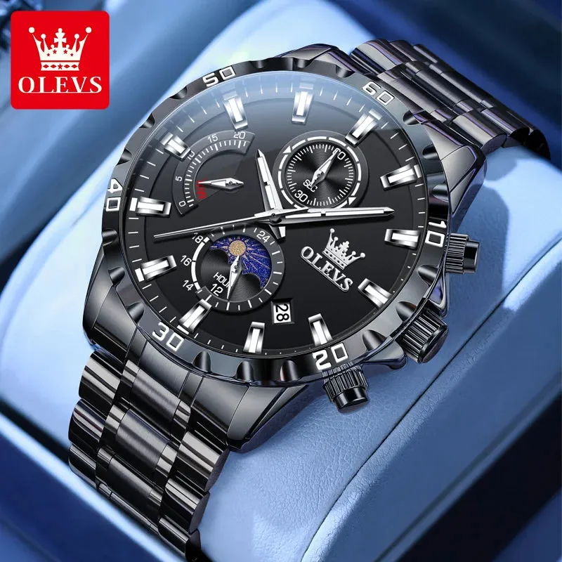 OLEVS 2953 Exclusive Design Men's Watches Full Stainless steel Moon Phase Waterproof Chronograph Quartz Watch for Men Genuine