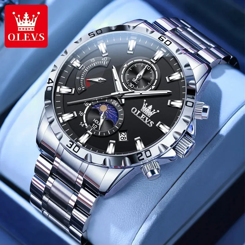 OLEVS 2953 Exclusive Design Men's Watches Full Stainless steel Moon Phase Waterproof Chronograph Quartz Watch for Men Genuine
