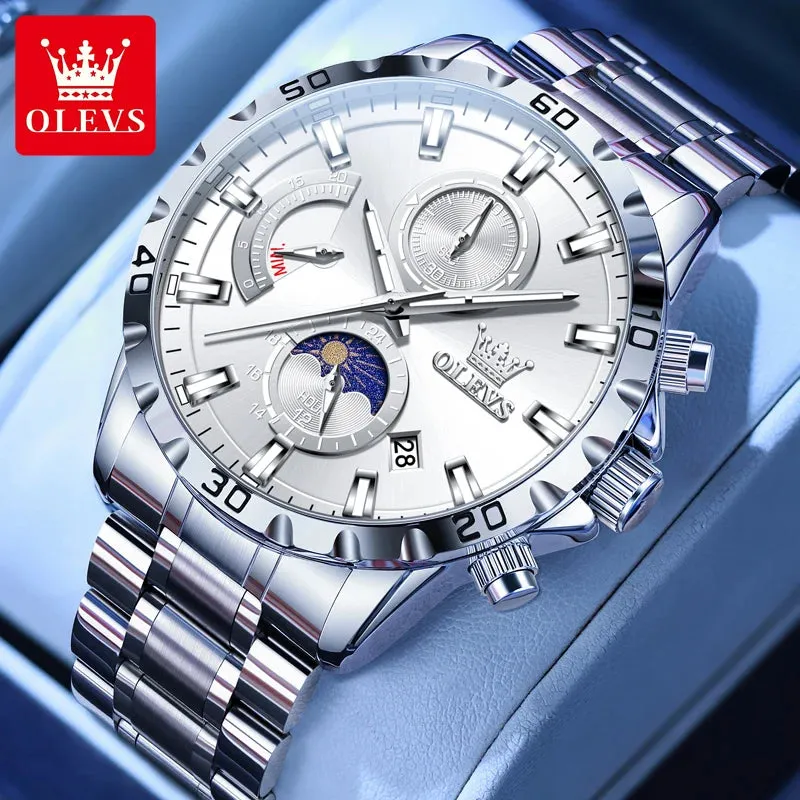 OLEVS 2953 Exclusive Design Men's Watches Full Stainless steel Moon Phase Waterproof Chronograph Quartz Watch for Men Genuine