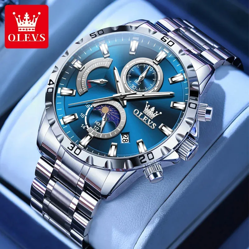 OLEVS 2953 Exclusive Design Men's Watches Full Stainless steel Moon Phase Waterproof Chronograph Quartz Watch for Men Genuine