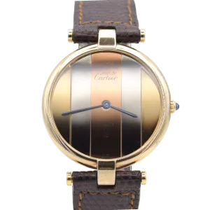 (Reserved)1990s Cartier 'Must de' Ronde Vendôme with tri-colour Dial in 925 Silver Gilt Vermeil Case with DP Buckle