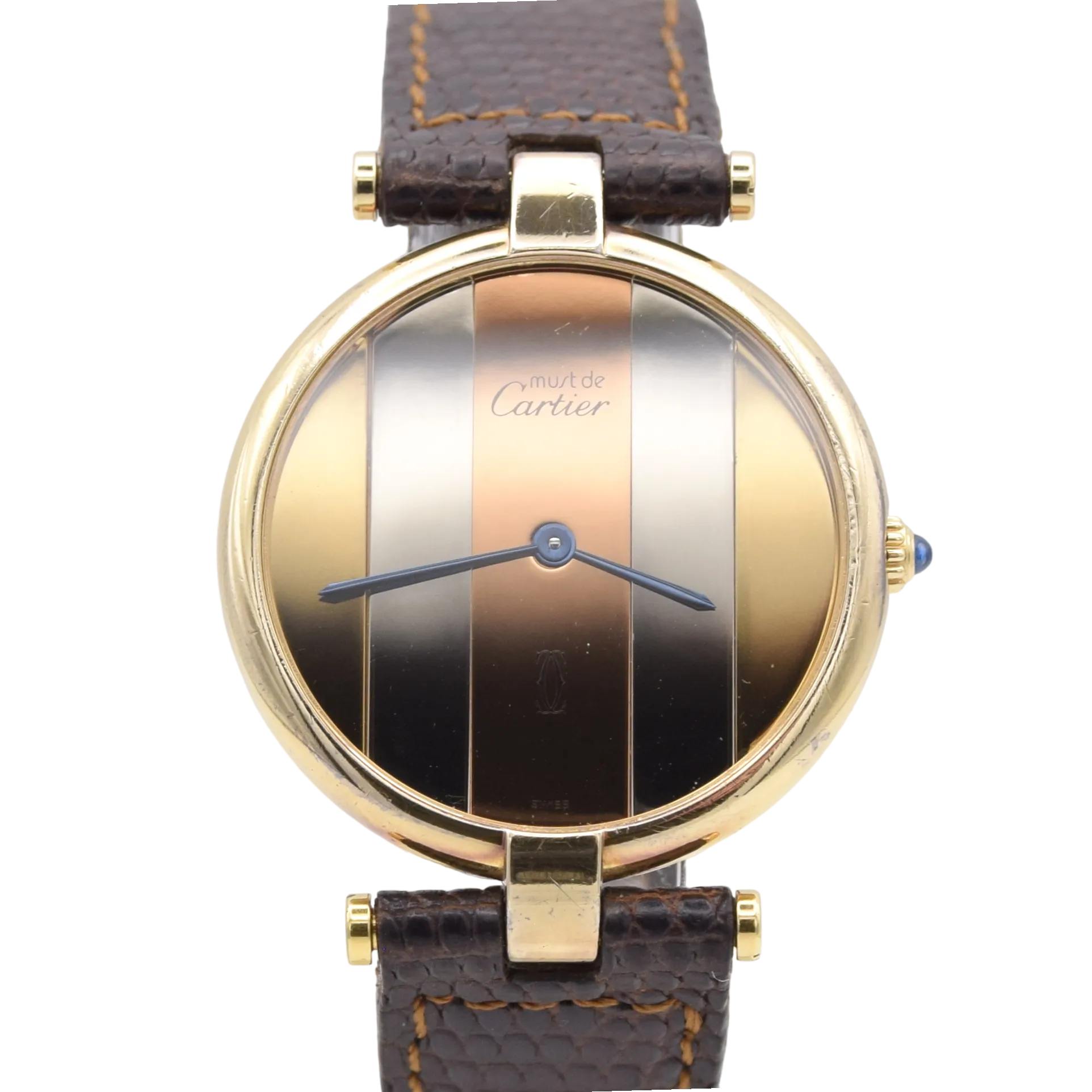 (Reserved)1990s Cartier 'Must de' Ronde Vendôme with tri-colour Dial in 925 Silver Gilt Vermeil Case with DP Buckle