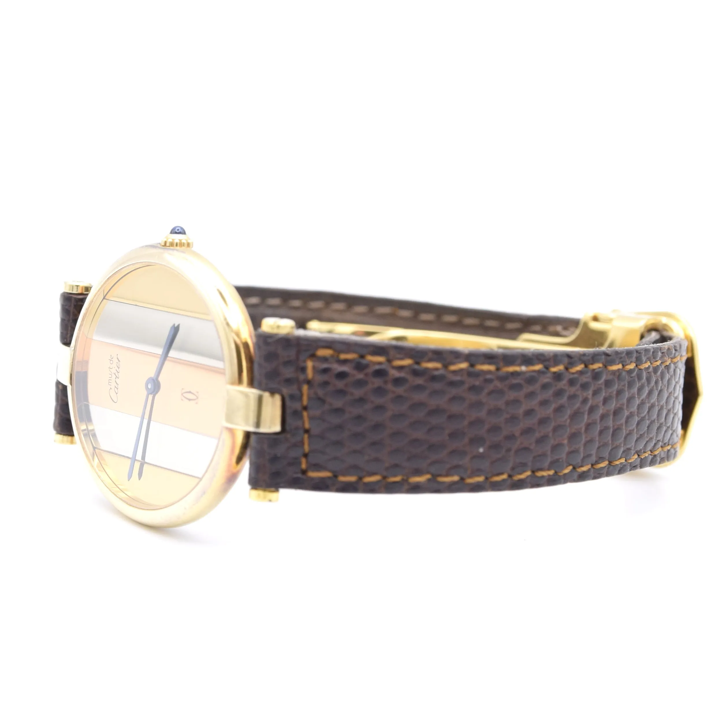 (Reserved)1990s Cartier 'Must de' Ronde Vendôme with tri-colour Dial in 925 Silver Gilt Vermeil Case with DP Buckle