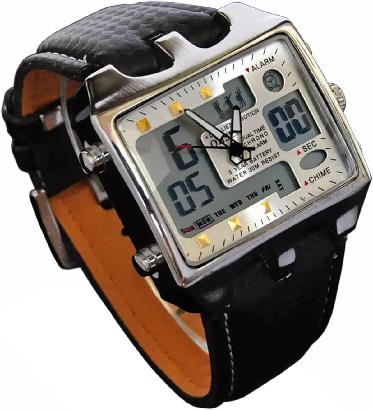 ShoppeWatch Mens Soccer Referee Watch Big Square Face LED Dual Time Analog Digital Light Up Dial Stopwatch Leather Band Reloj Deportivo para Hombre Cronometros Wacht