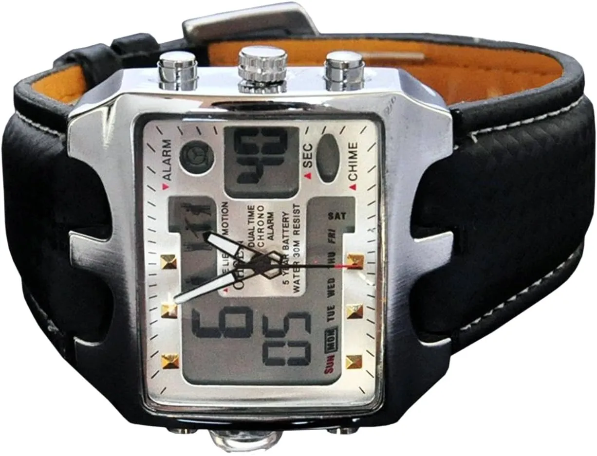 ShoppeWatch Mens Soccer Referee Watch Big Square Face LED Dual Time Analog Digital Light Up Dial Stopwatch Leather Band Reloj Deportivo para Hombre Cronometros Wacht