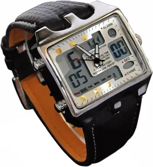 ShoppeWatch Mens Soccer Referee Watch Big Square Face LED Dual Time Analog Digital Light Up Dial Stopwatch Leather Band Reloj Deportivo para Hombre Cronometros Wacht