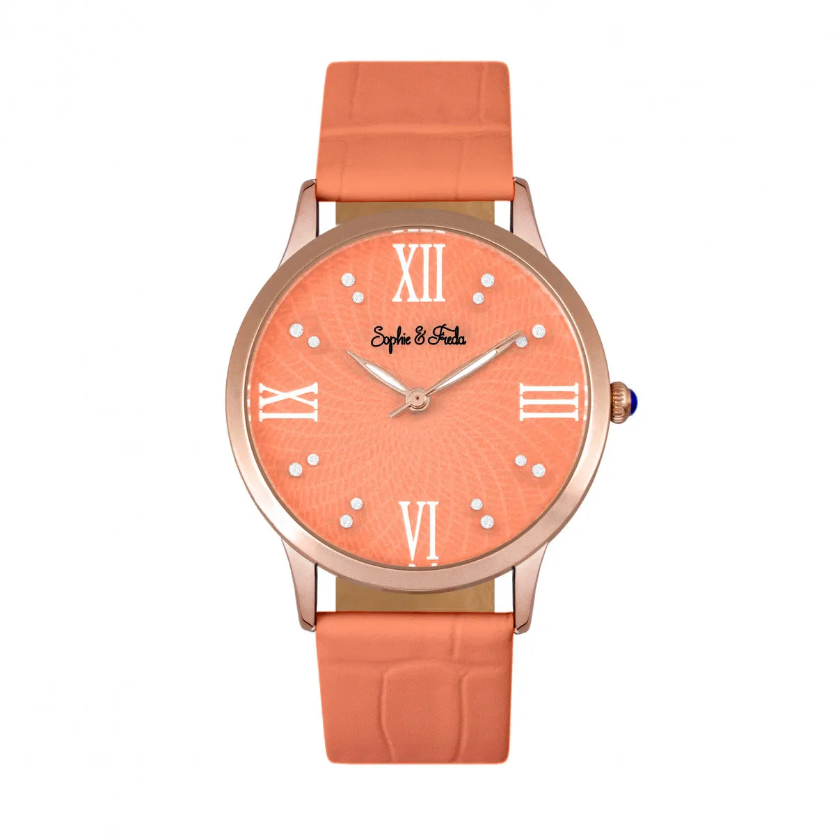 Sophie & Freda Sonoma Leather-Band Watch w/Swarovski Crystals - Rose Gold/Coral