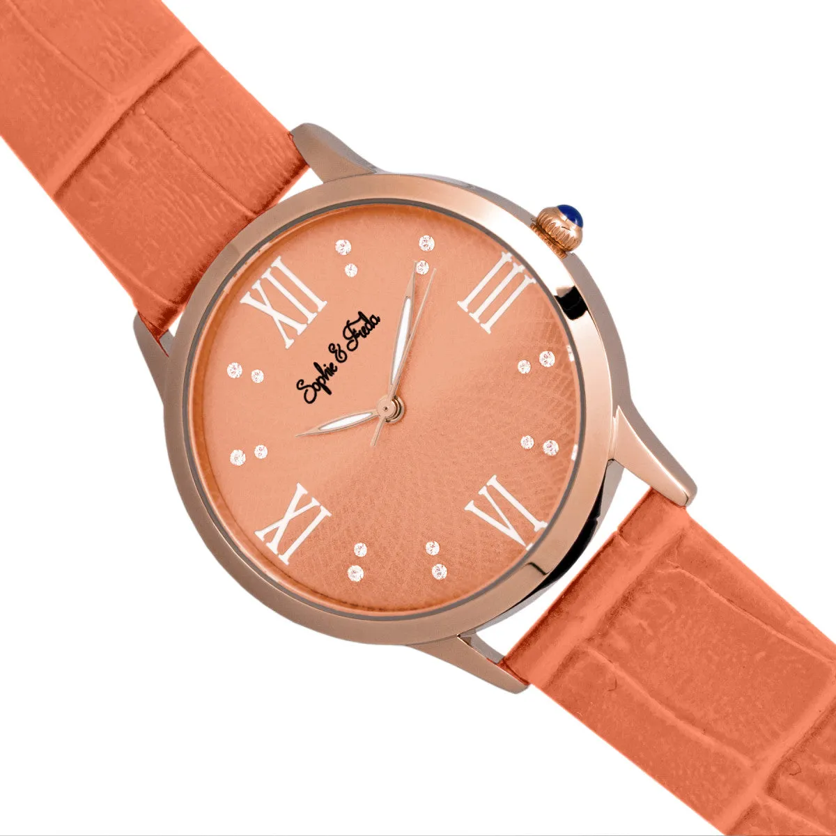Sophie & Freda Sonoma Leather-Band Watch w/Swarovski Crystals - Rose Gold/Coral