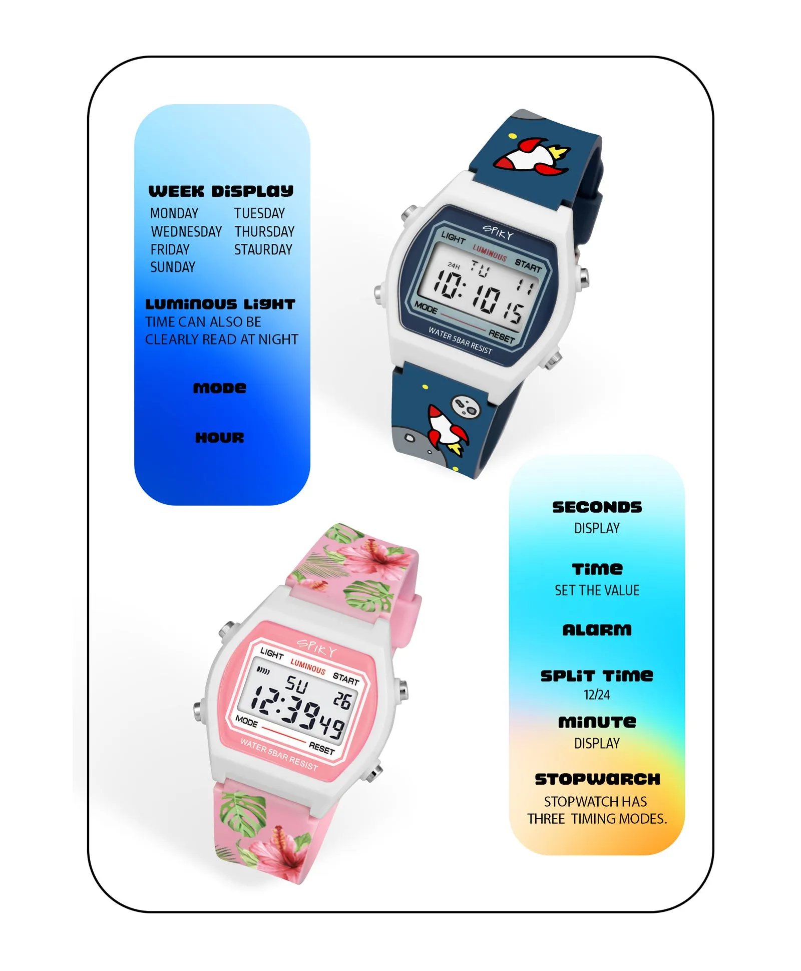 Spiky Unique Printed Square Multi Functional Sports Digital Watch Combo - Blue Pink