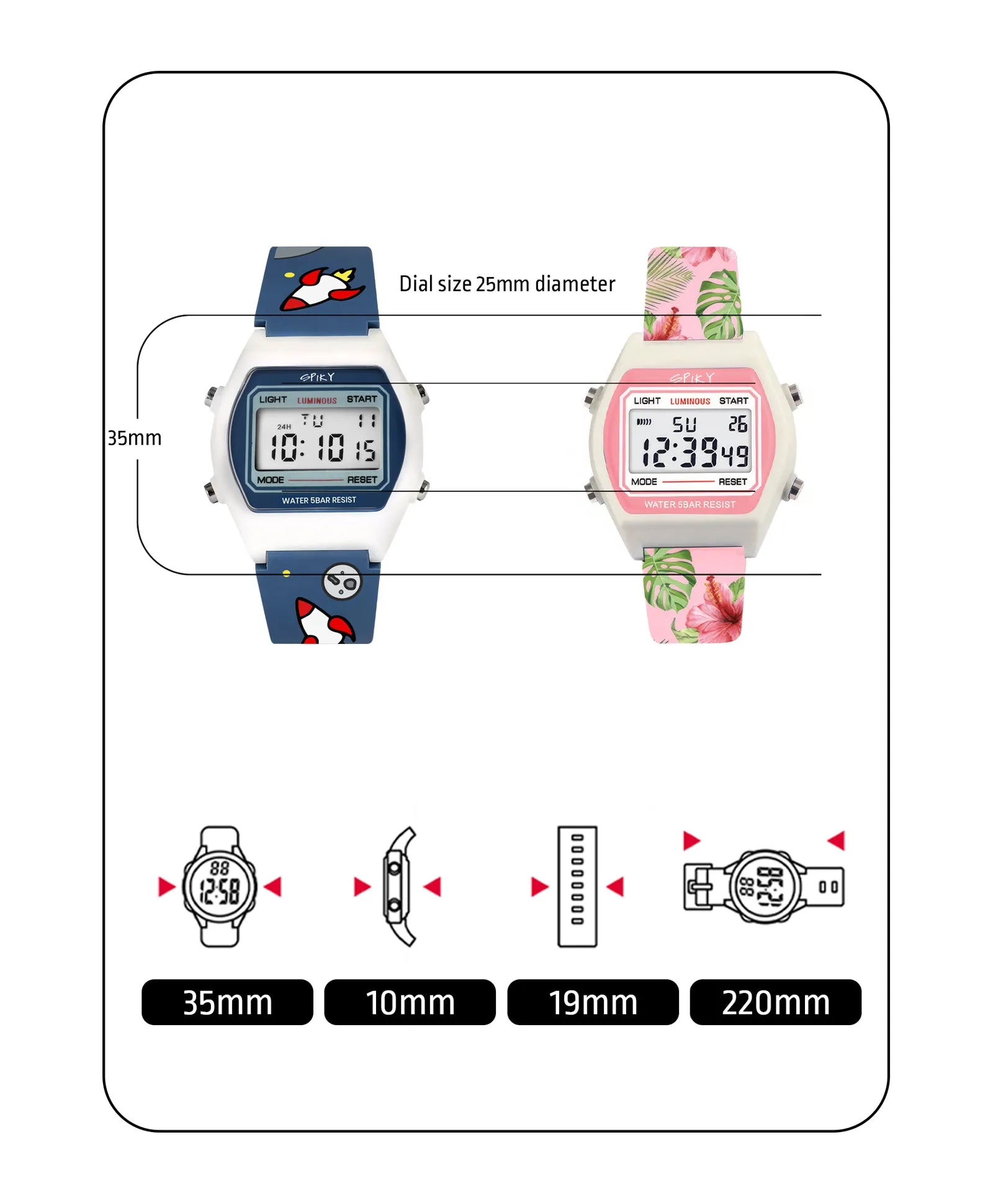 Spiky Unique Printed Square Multi Functional Sports Digital Watch Combo - Blue Pink